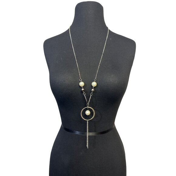 Silvertone and Pearl Tassel Drop Necklace Circles and Ovals 32 inch - Picture 1 of 3